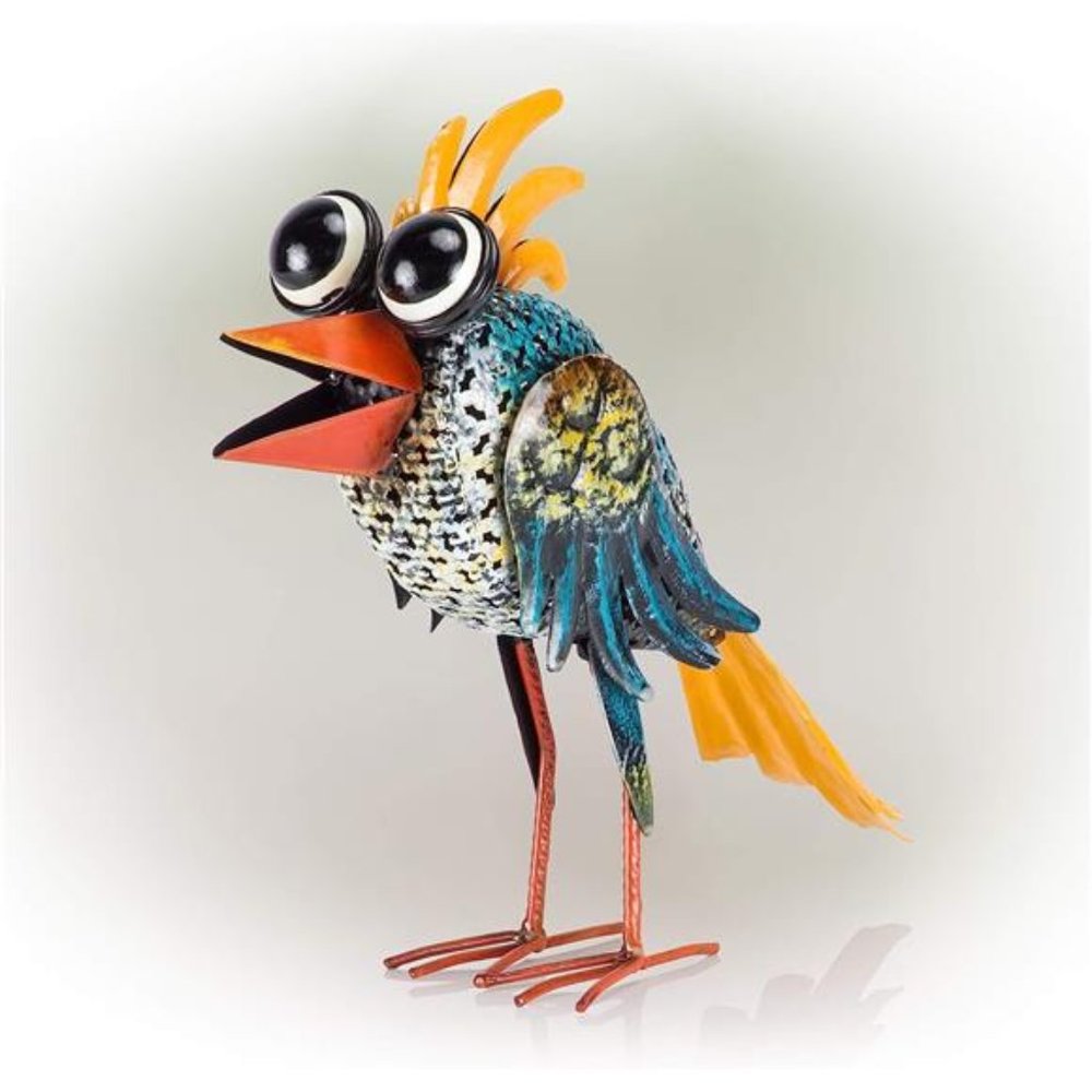 11"Tall Metal Wide-Eyed Bird Standing Yard Statue Decoration, Multicolor Outdoor